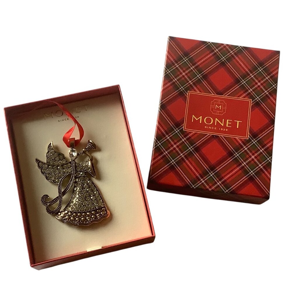 Monet Rhinestone Christmas Angel Ornament‎ With Box 3" NEW Elegant